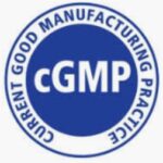 A blue and white logo of cgmp